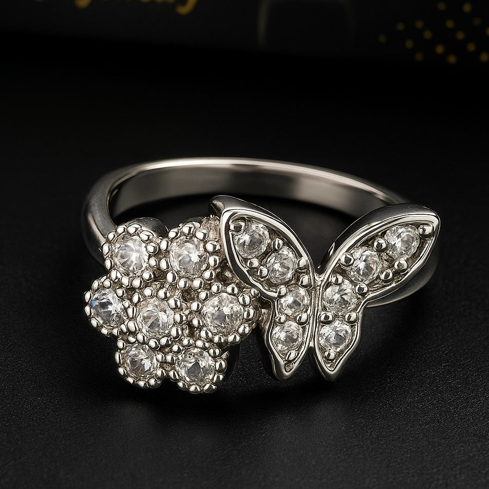 Silver-Plated Butterfly & Floral Crystal Ring