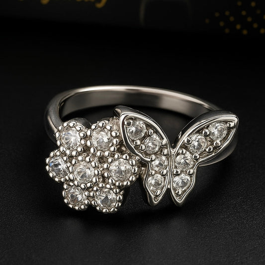 Silver-Plated Butterfly & Floral Crystal Ring