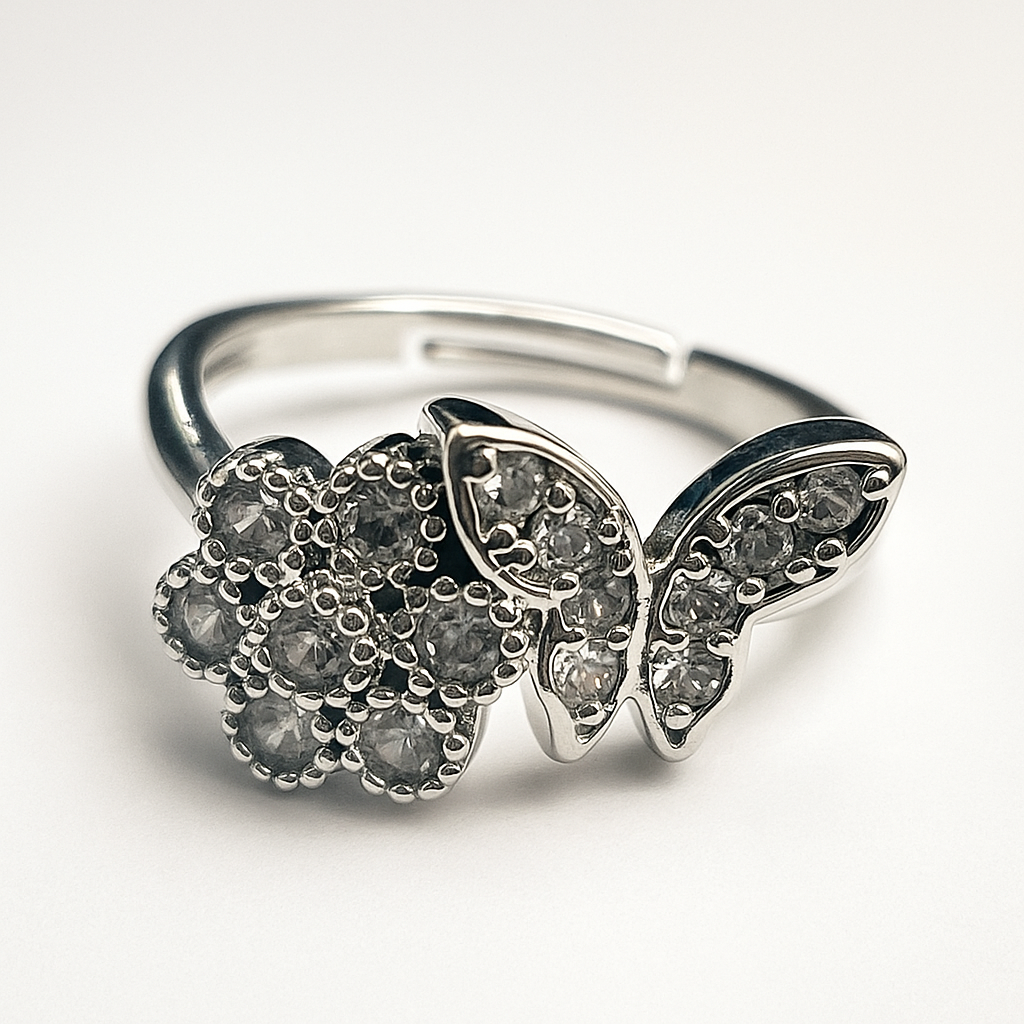 Silver-Plated Butterfly & Floral Crystal Ring