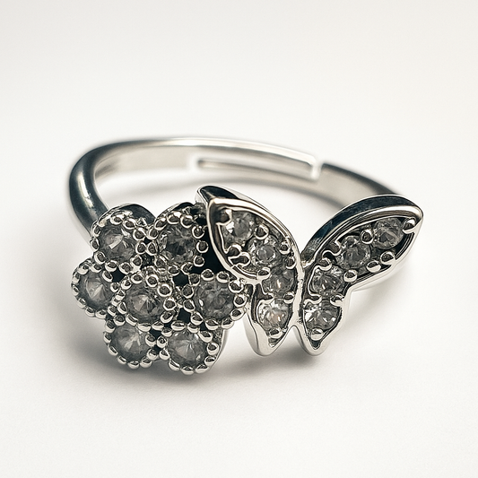 Silver-Plated Butterfly & Floral Crystal Ring
