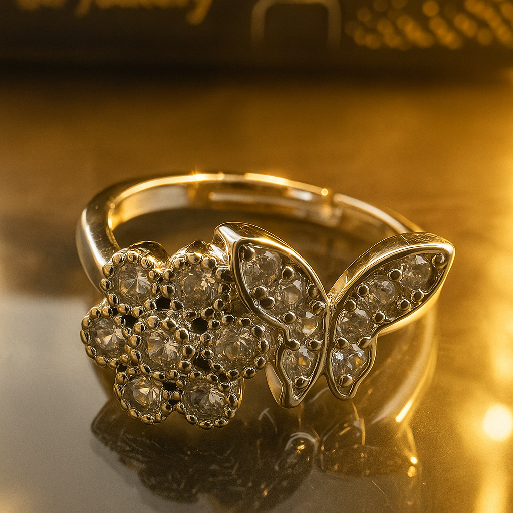 Silver-Plated Butterfly & Floral Crystal Ring